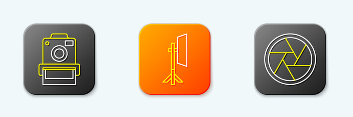 Set line Photo camera, Studio light bulb in softbox and Camera shutter icon. Vector