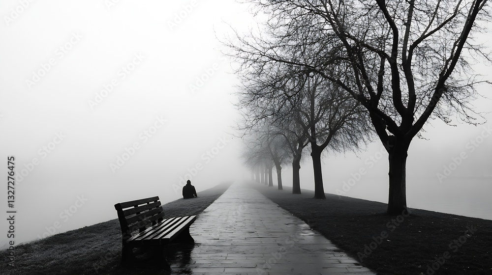 Poster misty path lined with benches and barren trees creating a serene atmosphere of solitude : generative