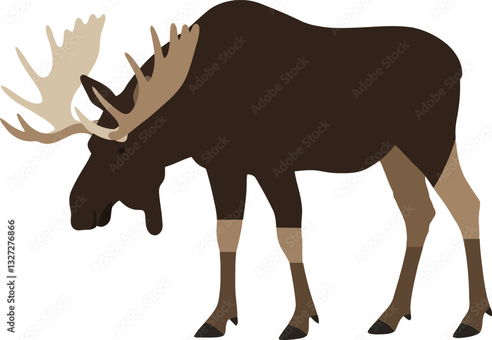 Poster majestic moose standing gracefully in a serene natural setting with flat color design style showcasi