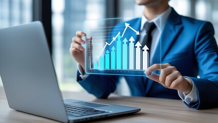 Business Growth & Technology – Professional Holding Holographic Bar Graph