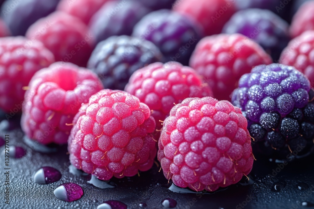 Poster raspberry and black raspberry delights: a vibrant macro shot of colorful fresh raspberries