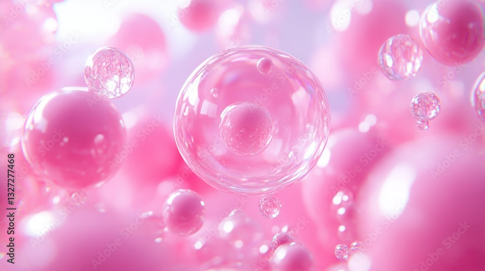 Poster pink and clear bubbles floating in a soft blurred background