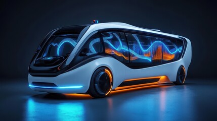 Obraz premium Futuristic self-driving urban shuttle aesthetic views of city streets and flowing light