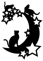 Three cats on a crescent moon surrounded by stars, magical night sky atmosphere with a whimsical