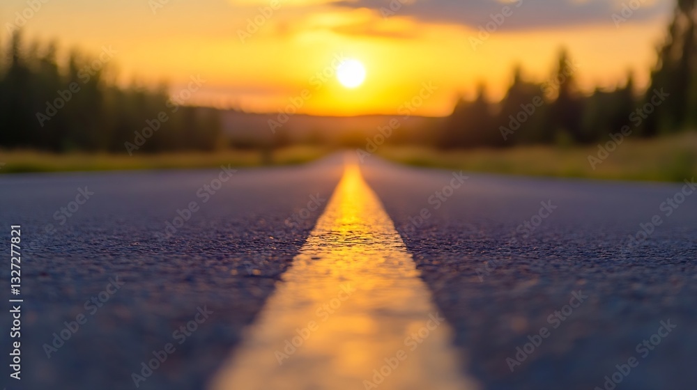 Poster Captivating view of a highway leading towards a sunset over open fields : Generative AI