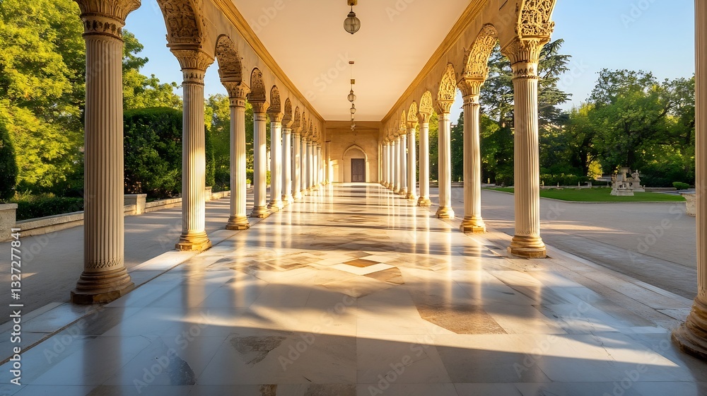 Poster Elegant architectural corridor with columns and beautiful light effects in a historic garden setting : Generative AI