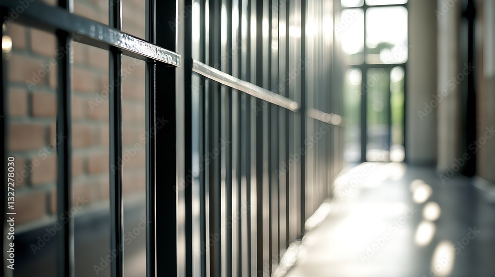 Aufkleber modern prison corridor with bars and natural light creating a serene yet stark atmosphere : generati