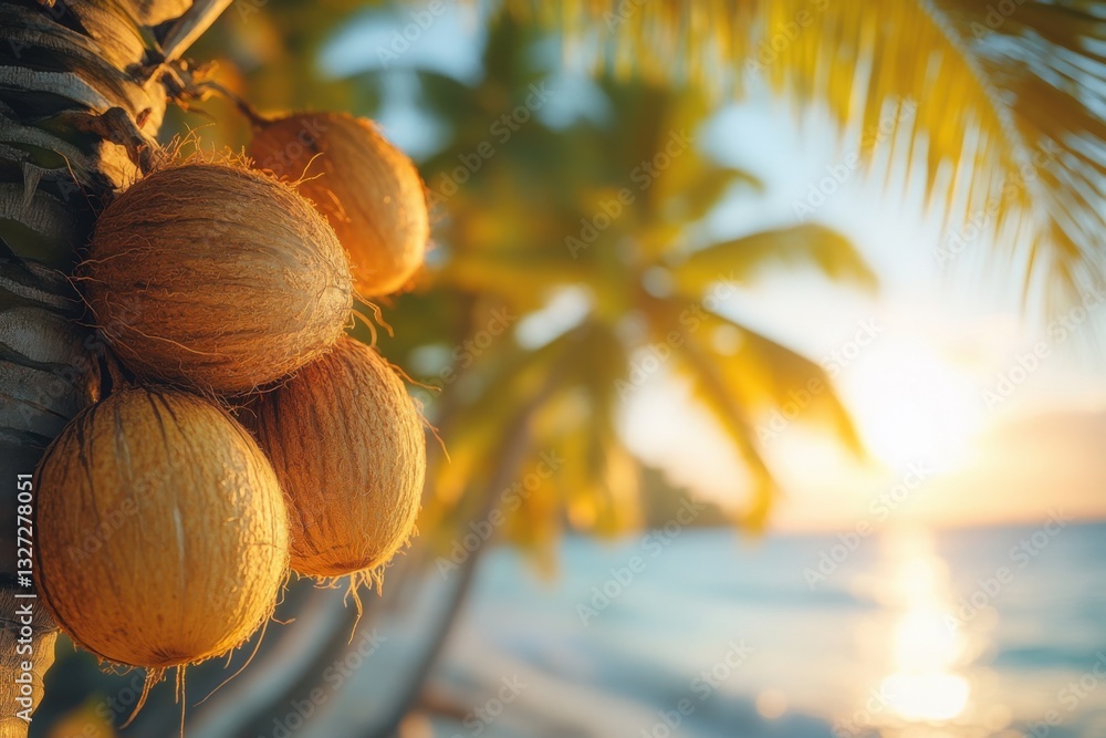 Aufkleber tropical coconuts: close-up view of coconuts hanging from a palm tree sunlit ocean backdrop