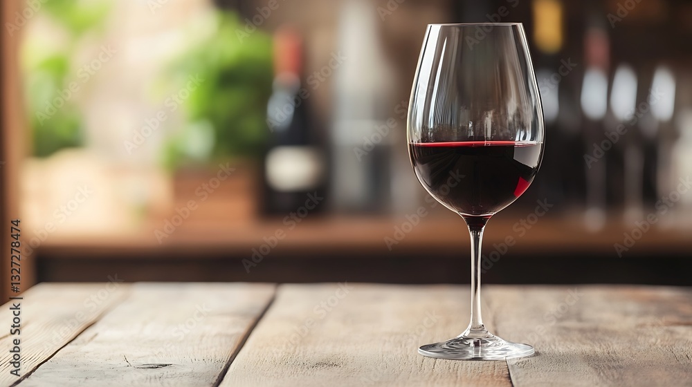 Poster elegant wine glass filled with rich red wine on rustic wooden table in cozy background with soft lig