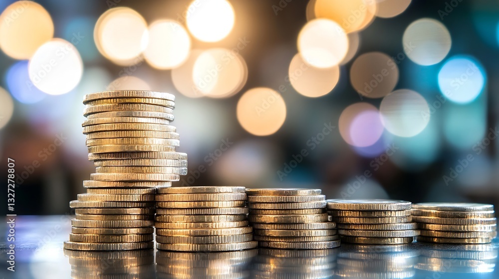 Fototapete Stacks of shiny coins arranged beautifully in a softfocus background with sparkling bokeh lights : Generative AI