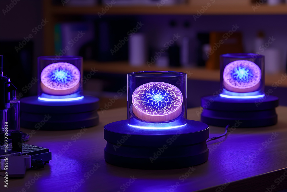 Poster illuminated science displays with abstract pattern inside glass cylinders