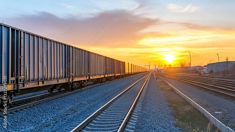 Poster container cargo trains against a stunning sunset backdrop creating a picturesque railway scene : gen