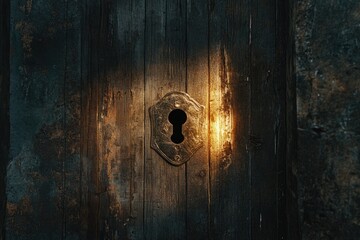 Ancient Wooden Door Keyhole with Glowing Light Mysterious Entrance Secret Passage Old Weathered Texture