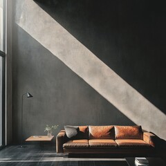 Modern loft interior with sunbeams and leather couch