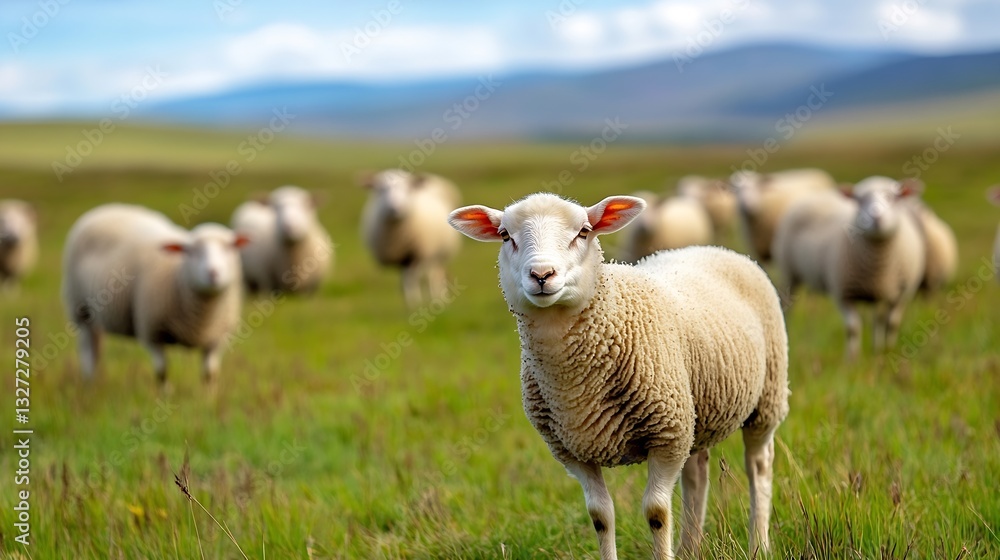 Poster curious sheep standing in lush green field with beautiful landscape background : generative ai