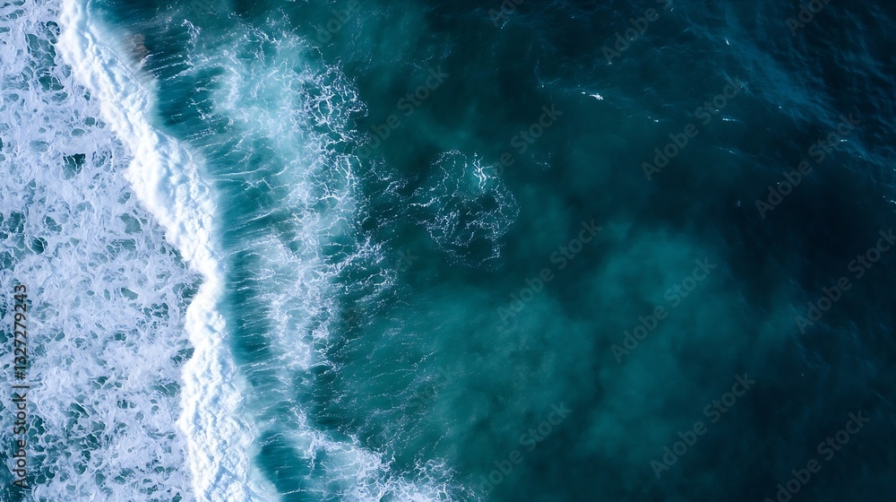 Poster Aerial view of waves crashing against the coastline creating beautiful foam patterns in turquoise water : Generative AI