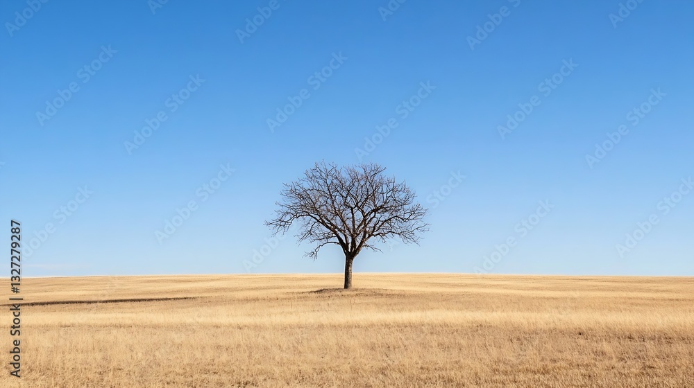 Poster lonely tree standing alone in a vast field under a clear blue sky during the day : generative ai