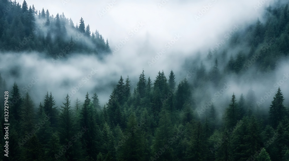 Poster mysterious and foggy forest landscape showcasing towering trees enveloped in misty atmosphere : gene