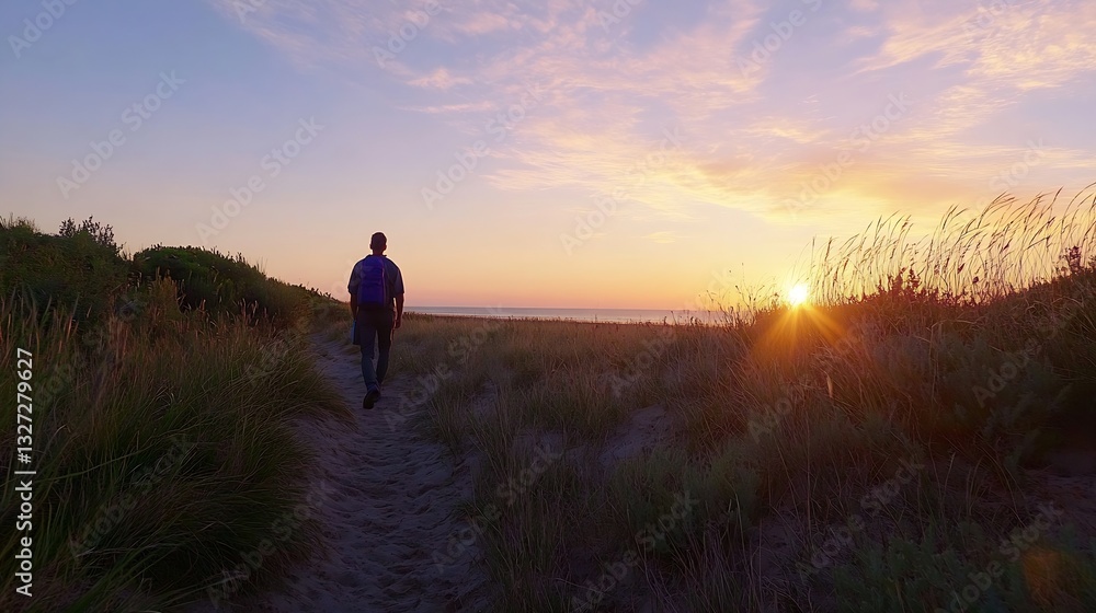 Poster man walking on sandy path towards setting sun by the ocean shore : generative ai