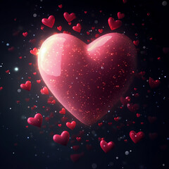 Vector illustration of a pink heart with small red hearts around it on a dark background,