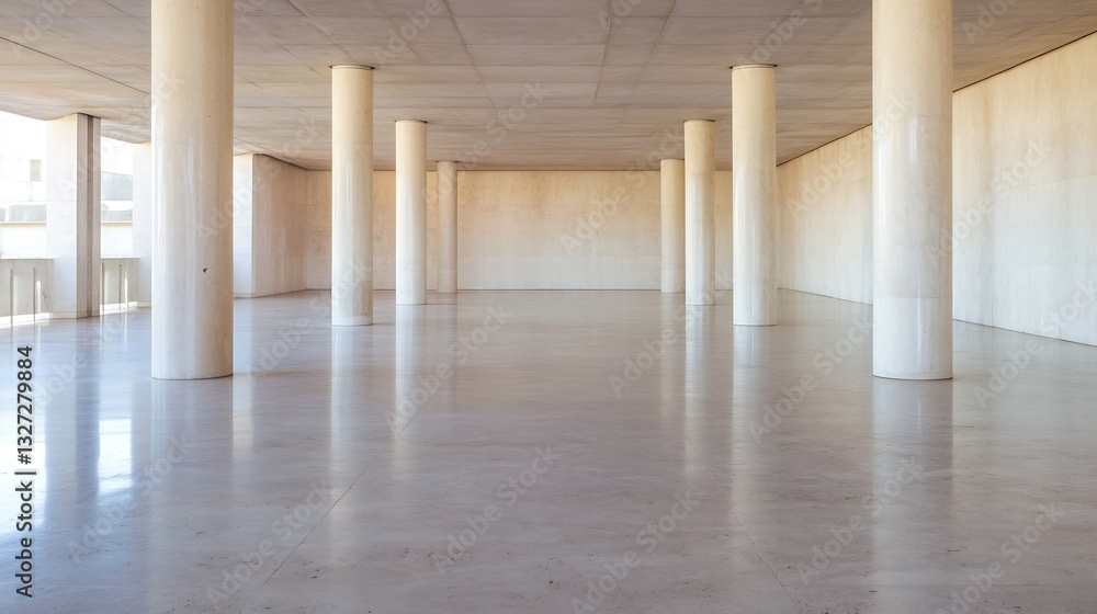 Poster spacious and bright modern interior with tall columns and polished floor in minimalist style : gener