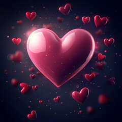 Vector illustration of a pink heart with small red hearts around it on a dark background,