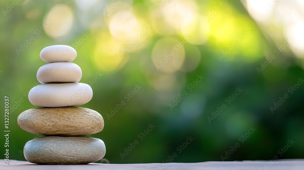 Aufkleber stacked smooth pebbles arranged in balanced harmony against a blurred green background promoting tra