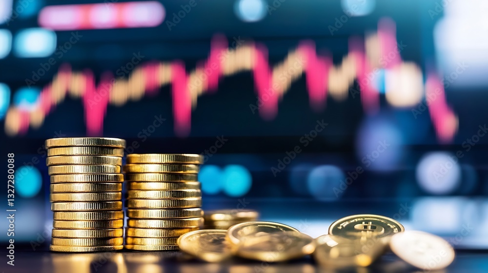 Aufkleber stacks of shiny gold coins with cryptocurrency charts in background representing digital financial g