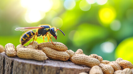 Wasp standing on wood, eating nuts, close-up of wasp's body and legs, background blurred with greenery,