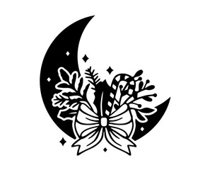 Crescent moon with winter holiday elements in front, featuring ribbon, pine branch, candy cane, and leaves, symbolizing the magic of winter festivities.