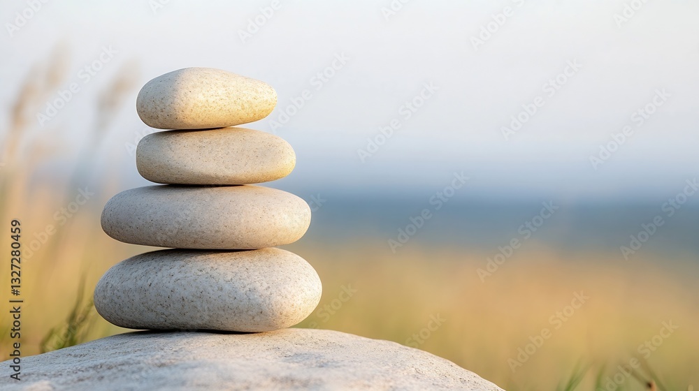 Poster balanced stacked stones on sunny natural background symbolizing tranquility and harmony : generative