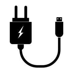 Silhouette of a charger with a plug and cable, with a lightning bolt on the device’s body, symbolizing energy, electricity, and power.