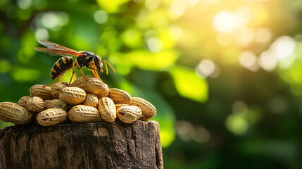 Wasp standing on wood, eating nuts, close-up of wasp's body and legs, background blurred with greenery,