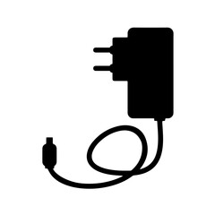 Silhouette of a charger with a plug and cable ending in a micro USB connector, symbolizing technology, power, and connectivity.