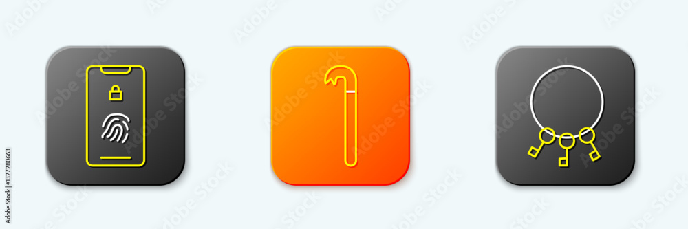 Poster set line mobile with fingerprint scan, crowbar and bunch of keys icon. vector