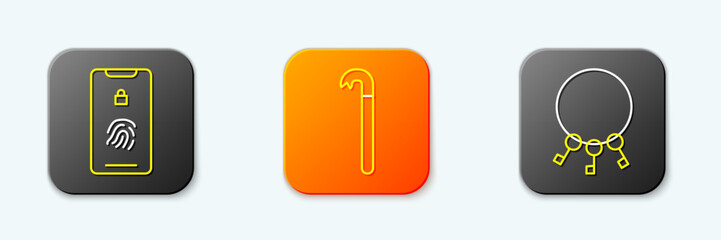 Set line Mobile with fingerprint scan, Crowbar and Bunch of keys icon. Vector