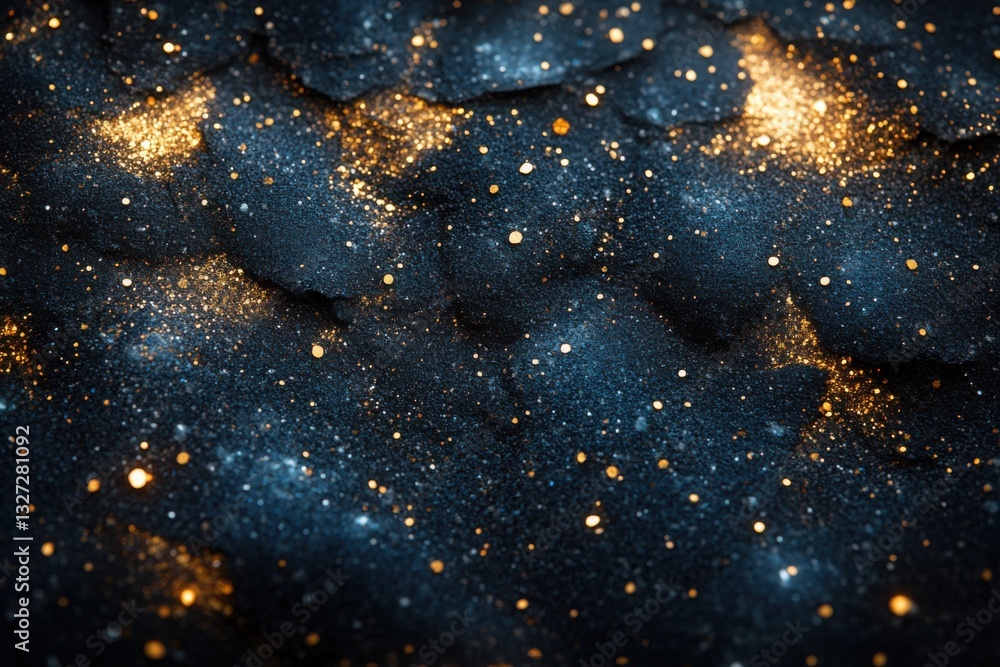 Poster golden glitter scattered across dark textured background creating a mesmerizing and luxurious effect