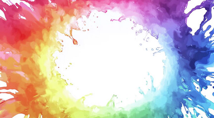 Watercolor splash background with rainbow colors, white space in the center of the picture, on a white background,