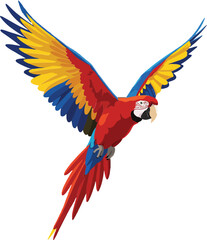 Fototapeta premium Vibrant red and yellow macaw soaring through clear sky in flat design vector art
