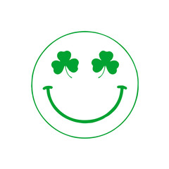 Smiley face with a green grin and eyes shaped like clover leaves, celebrating St. Patrick's Day with a cheerful expression.
