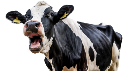 black and white Holstein cow mooing loudly isolated on a transparent background
