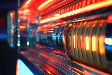 Closeup View of a Vintage Jukebox with Bright Neon Lights and Chrome Details