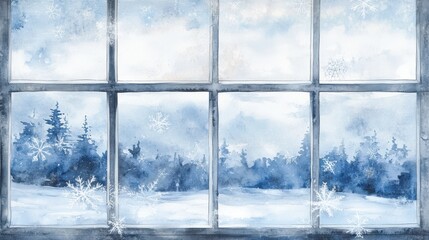 A Watercolor Painting of Snowfall Seen Through a Window