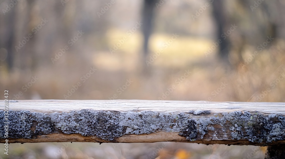 Poster weathered wooden bench in a blurred forest creating a warm inviting atmosphere for nature lovers : g