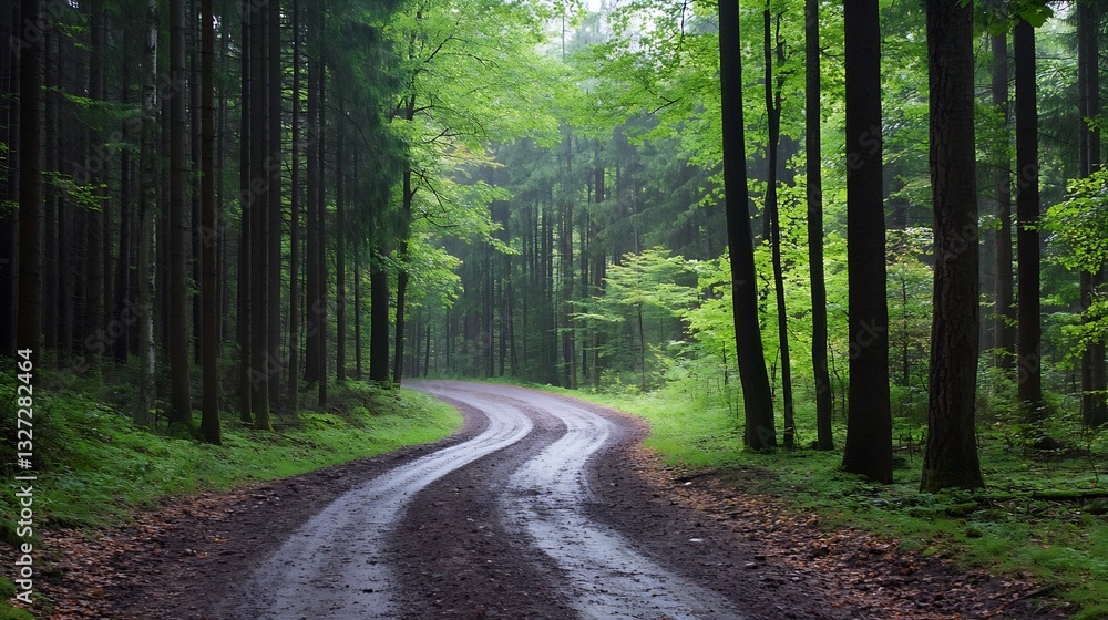Aufkleber serene winding forest path surrounded by lush green trees fostering tranquility and connection with 