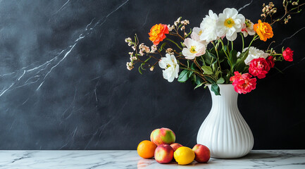 White marble countertop with flowers and fruit, dark gray wall background,