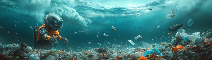 Fototapeta premium A robotic AI system cleaning up plastic waste from the ocean, collecting debris efficiently