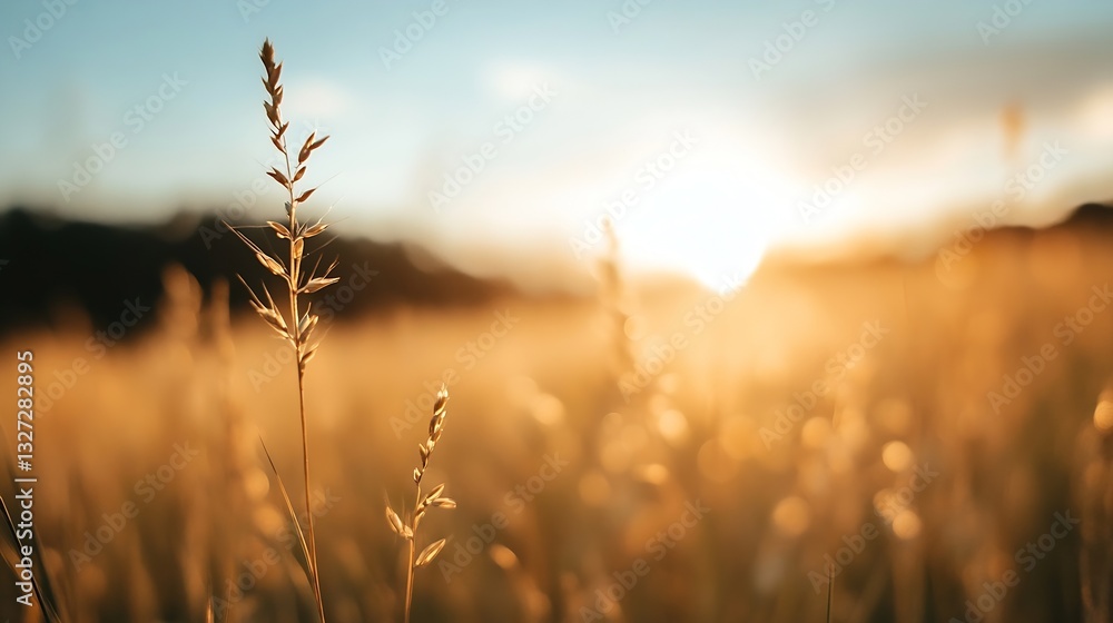 Poster soft golden grass swaying under a warm sunset sky creating a peaceful countryside scene : generative