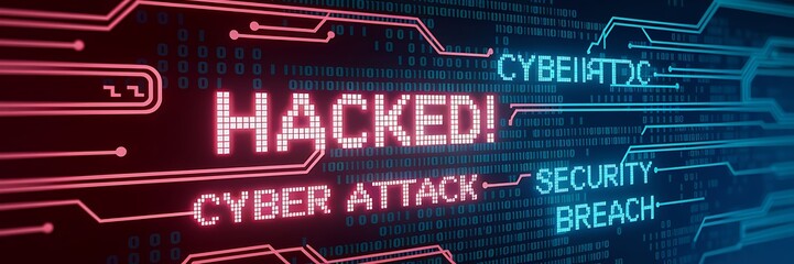 Cybersecurity Breach &ndash; Bold "HACKED!" Warning Amidst Digital Threats, cybersecurity breach, hacked warning, cyber attack, security breach, cybercrime, data breach, online security, hacking alert, 