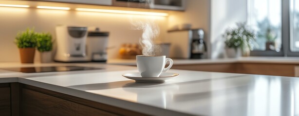 Fototapeta premium Minimalist kitchen with white countertops and wooden accents, minimalist kitchen with cozy ambiance, minimalist kitchen with warm tones